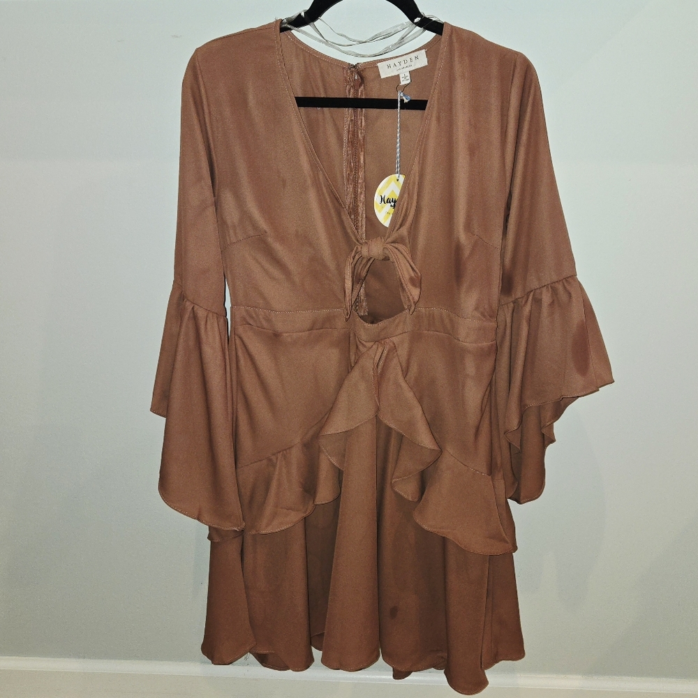 HAYDEN Bell Sleeve Ruffles Brown Mini Dress Boho NWT Large